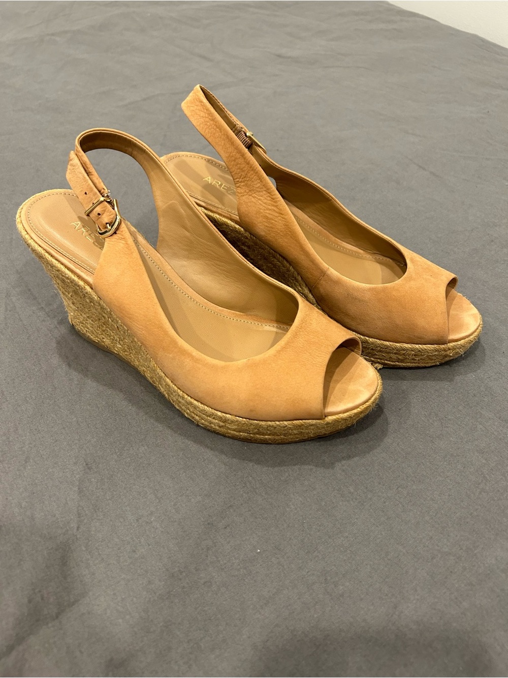 Tan Suede Peep-Toe Espadrille Wedge Slingback